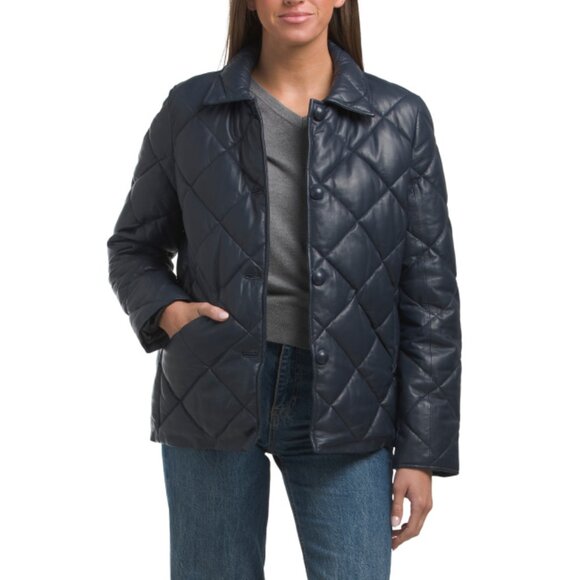 BOD & CHRISTENSEN Midnight Blue Leather Quilted Puffer Jacket - Picture 1 of 2